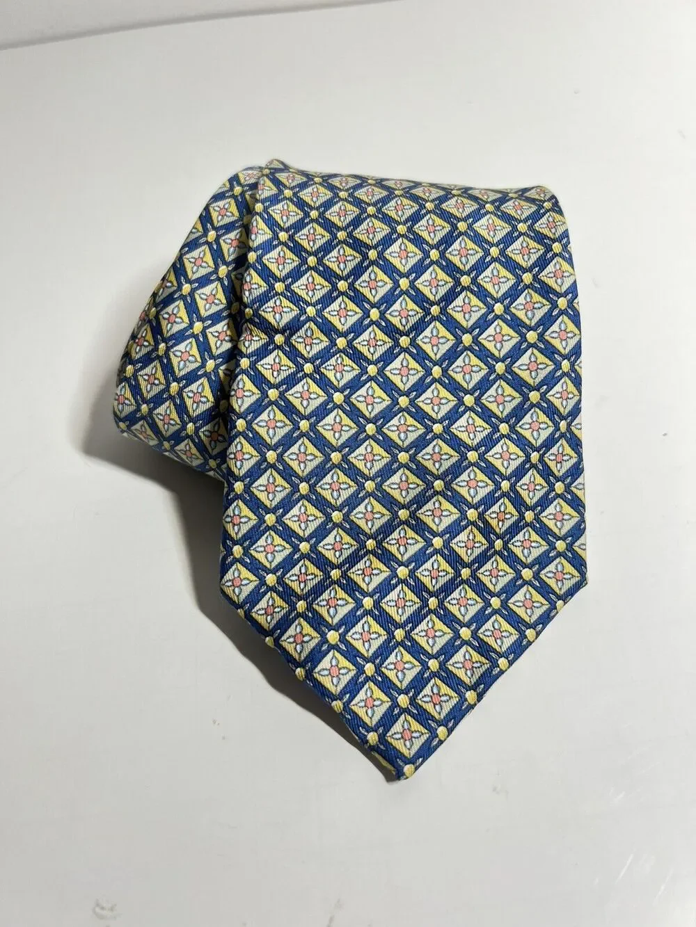 Hermes EUC Blue Flower Print 100% Silk Tie 58